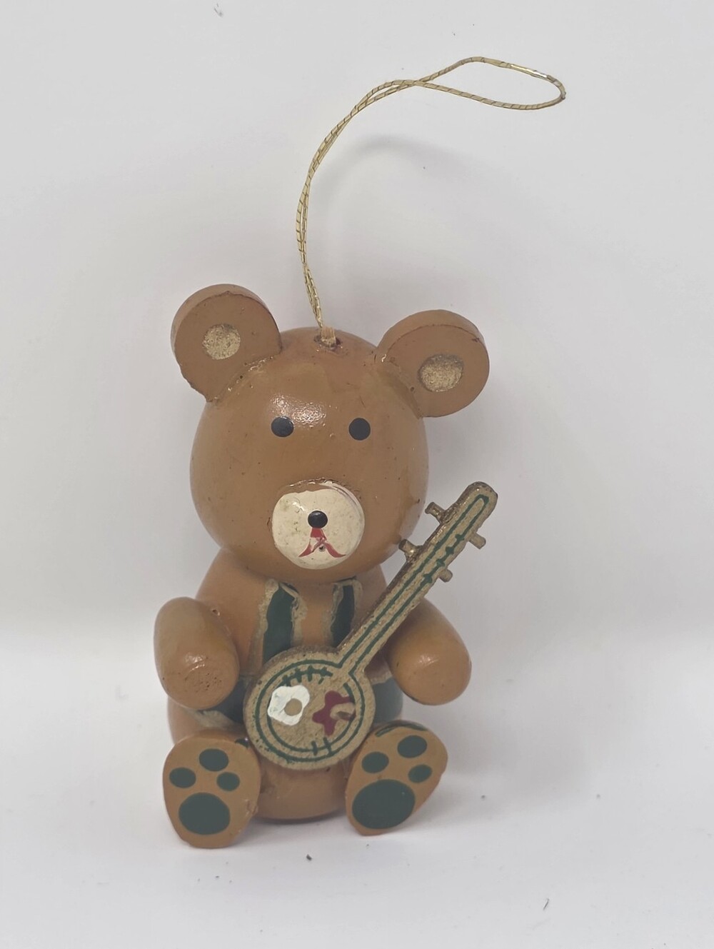 Vintage Wooden Bear W/ Guitar Christmas Ornament Hand Painted Brown Bear 2.75"